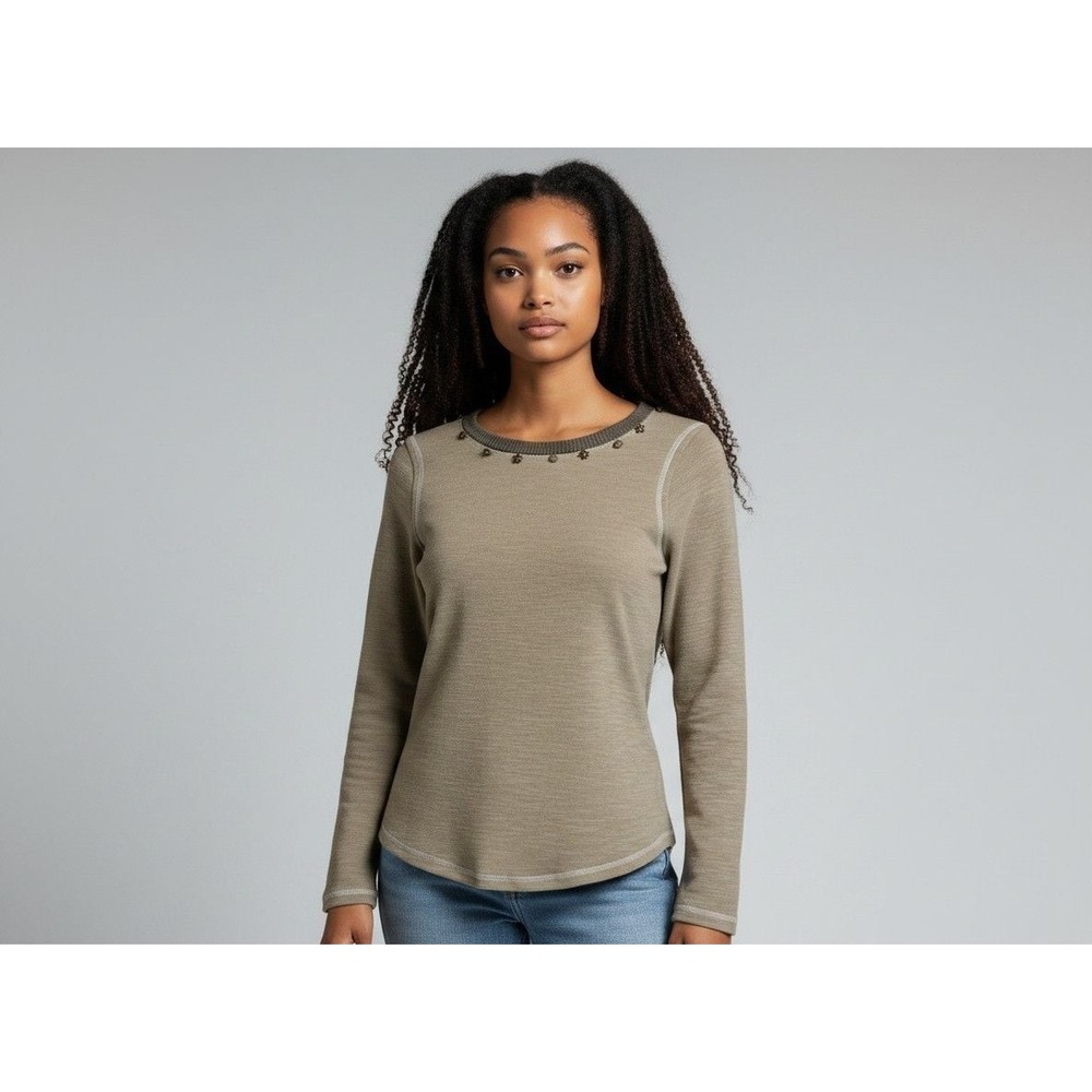 POL Long Sleeve Waffle Knit Top YKT1680 Small Khaki Beaded Trim